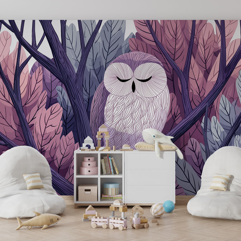 Woodland owl wallpaper transforming children's bedroom with dreamy forest theme and soft color palette