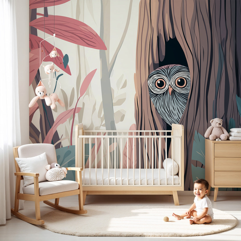 Forest owl mural wallpaper in cozy nursery setting with natural wood furniture by Kids-Mundo