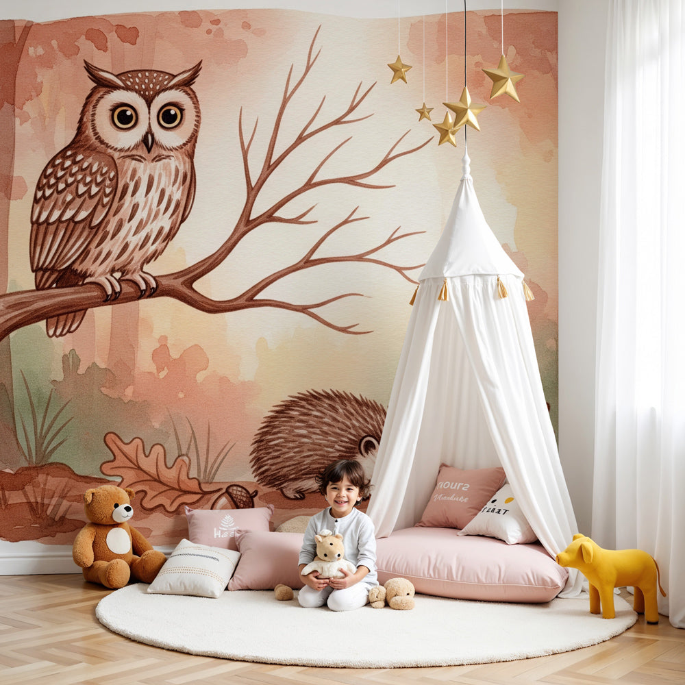 Forest owl and hedgehog mural wallpaper in cozy nursery setting by Kids-Mundo