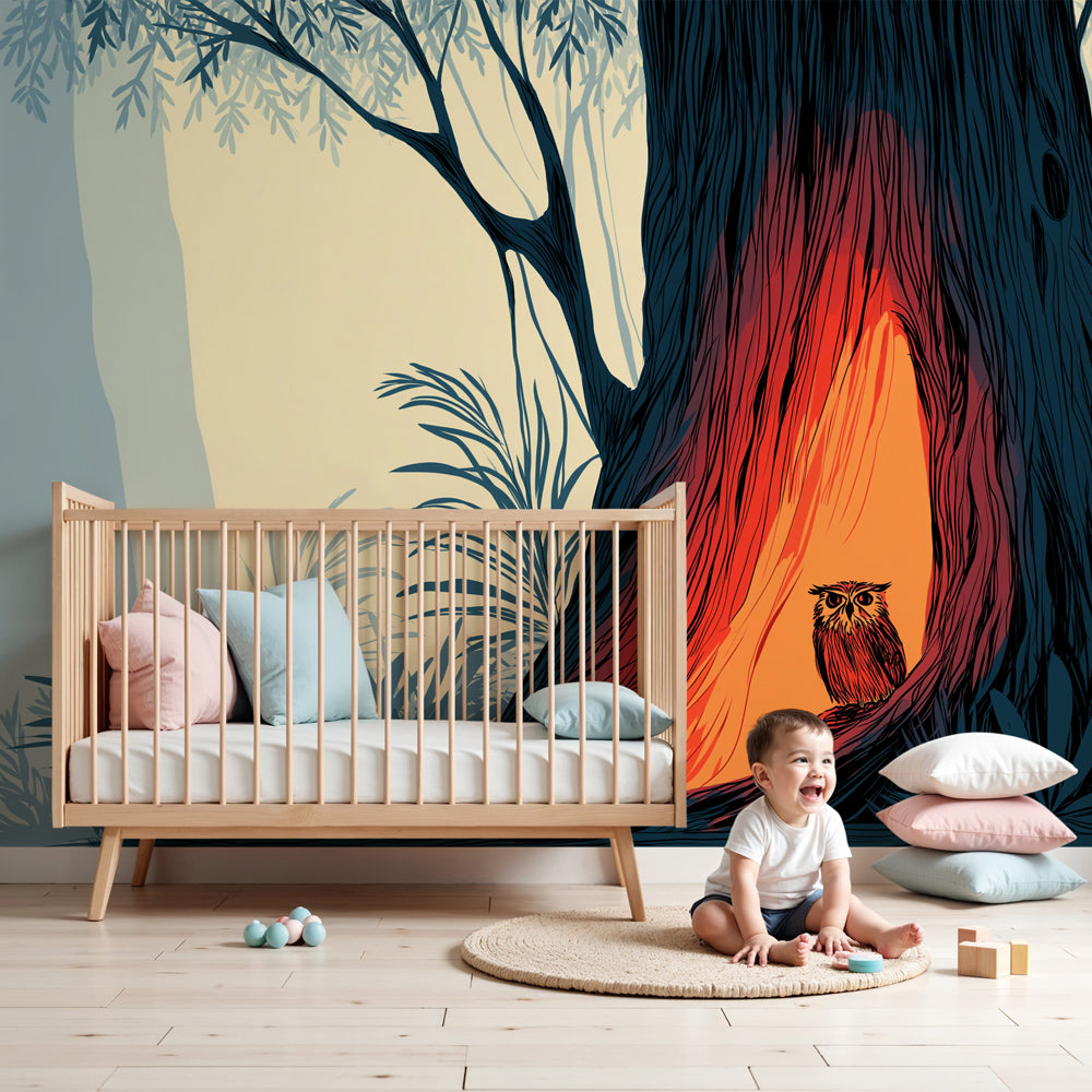Forest owl mural wallpaper in cozy nursery room setting with natural wood crib by Kids-Mundo