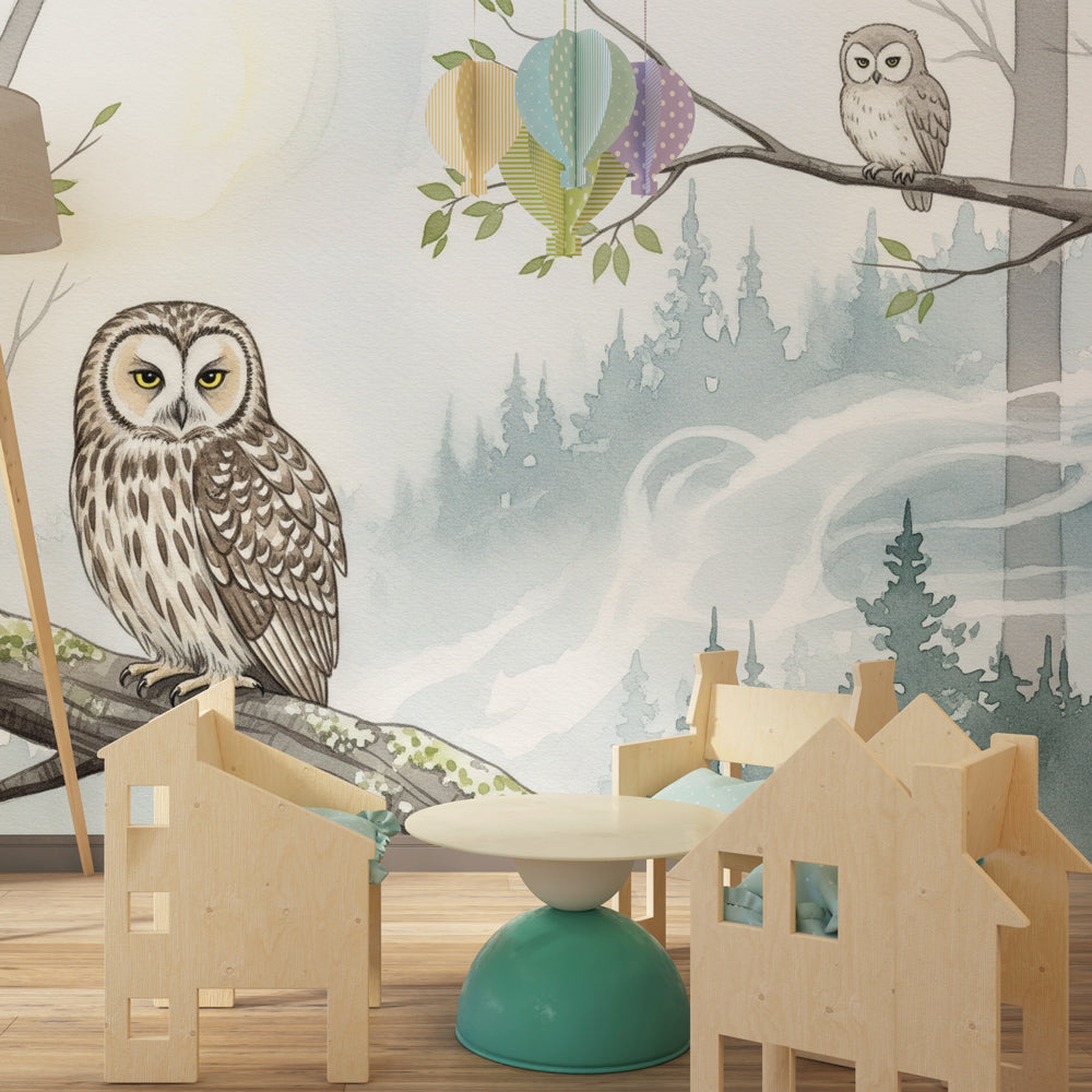 Woodland owl wallpaper in modern kids bedroom with gray and green nature tones