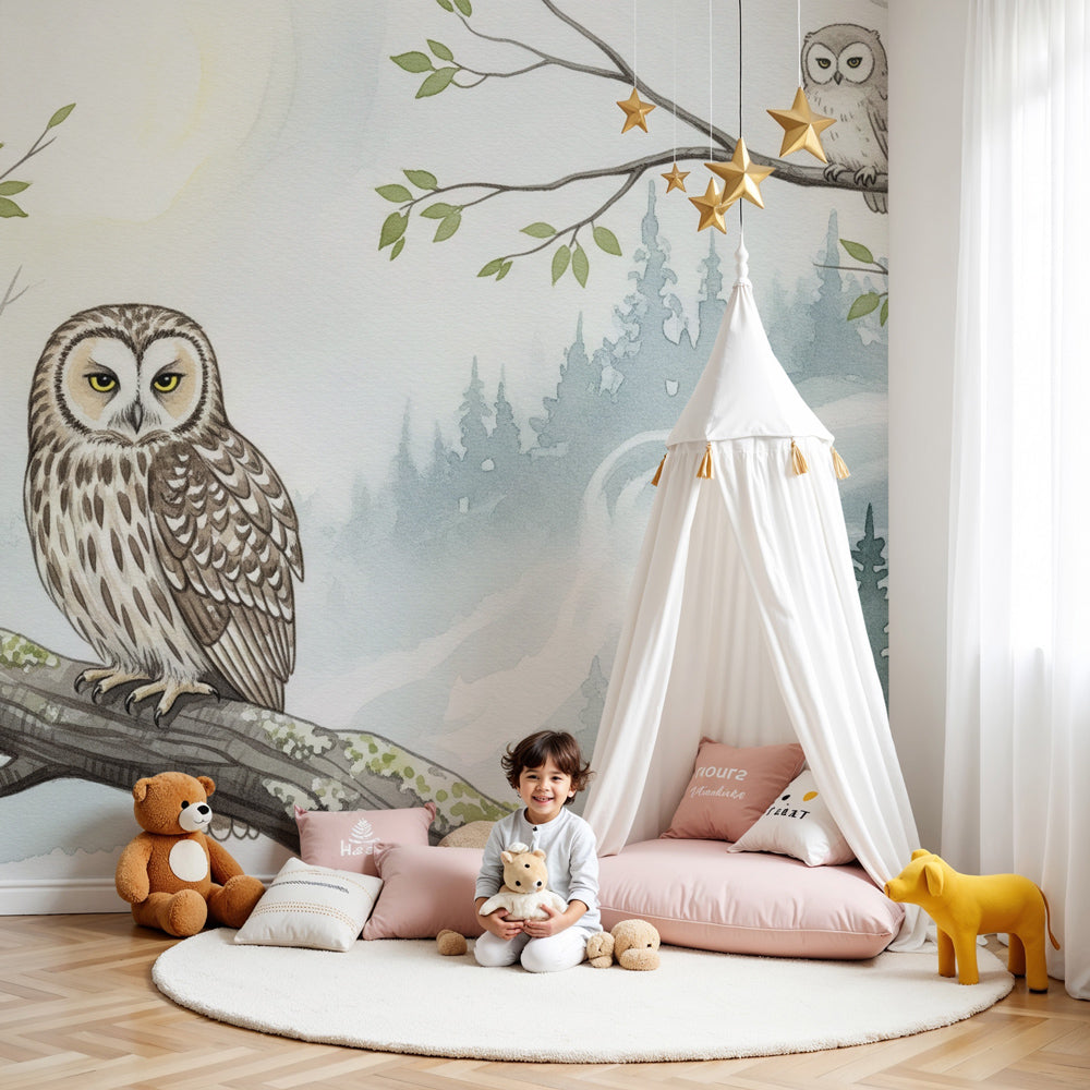 Forest owls mural wallpaper creating peaceful woodland nursery atmosphere by Kids-Mundo