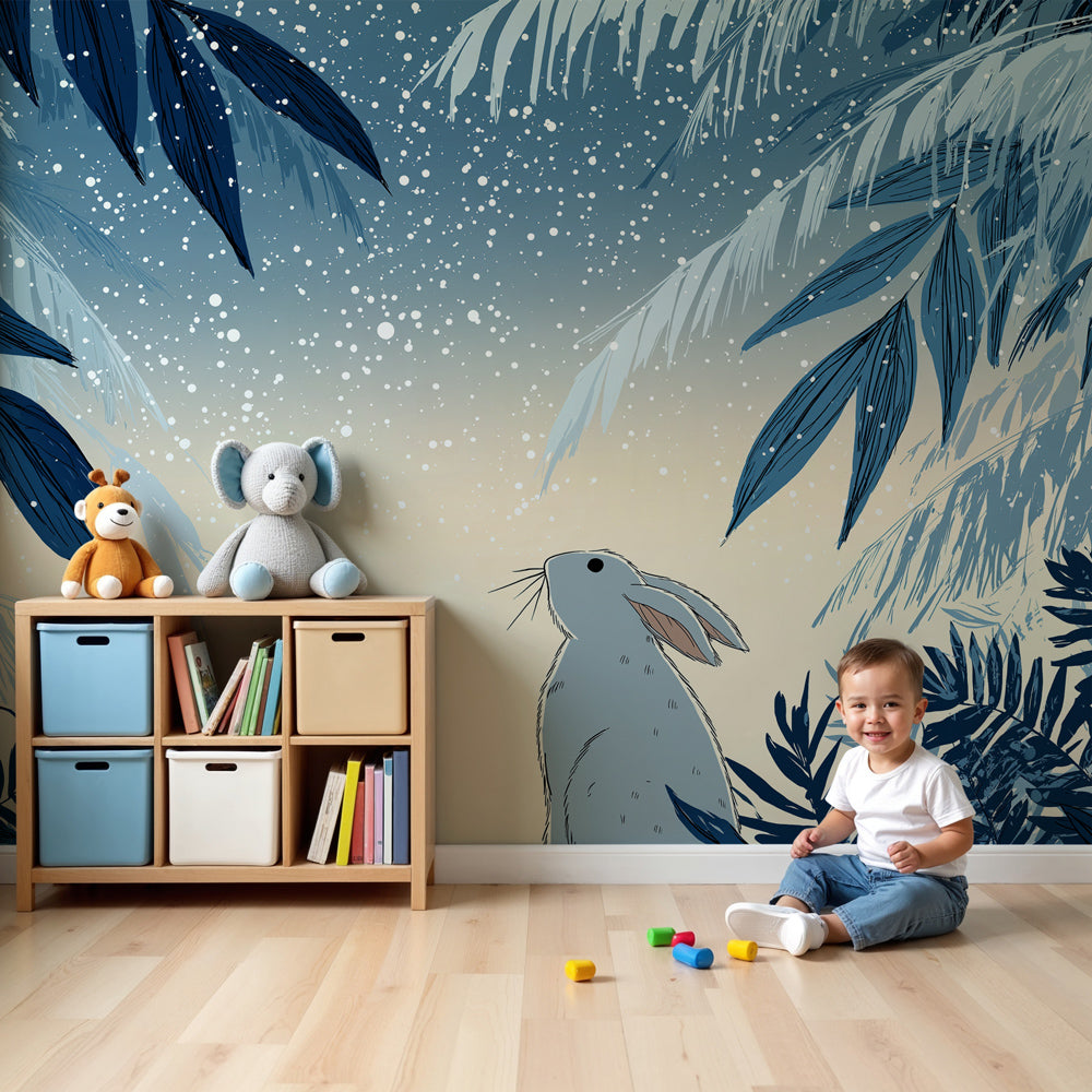 Forest rabbit mural wallpaper creating peaceful winter wonderland nursery decor by Kids-Mundo