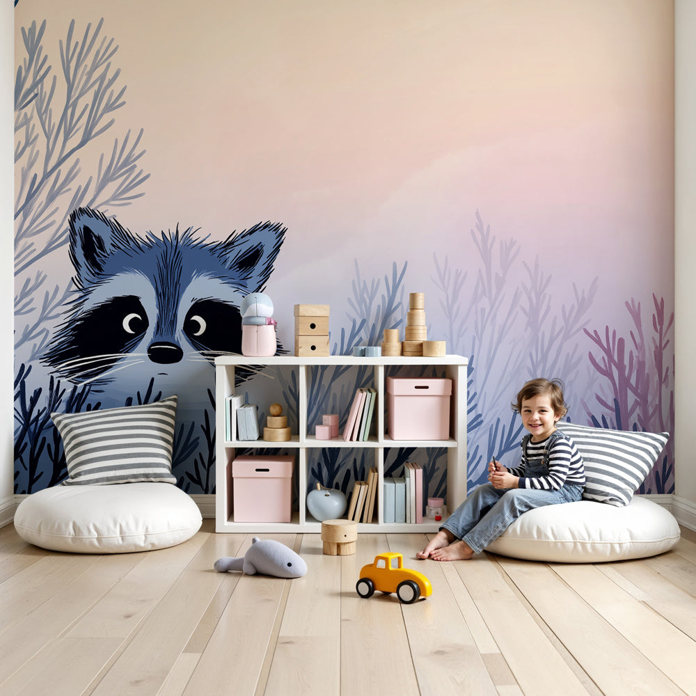 Forest raccoon mural wallpaper in modern nursery with woodland theme decor by Kids-Mundo