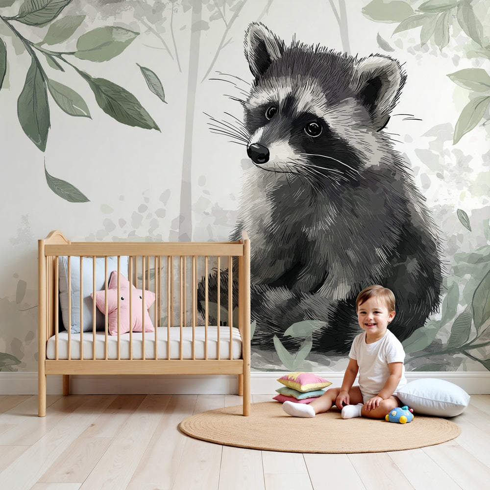 Forest raccoon mural wallpaper in cozy nursery with wooden crib by Kids-Mundo