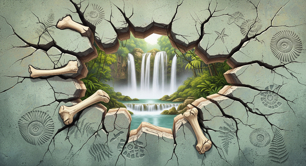 Kids-Mundo flat artwork of a cracked fossil wall opening onto a jungle waterfall