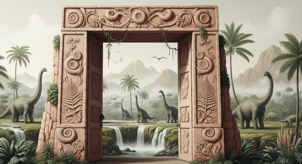 Kids-Mundo flat artwork preview of the fossil stone archway dinosaur mural design.