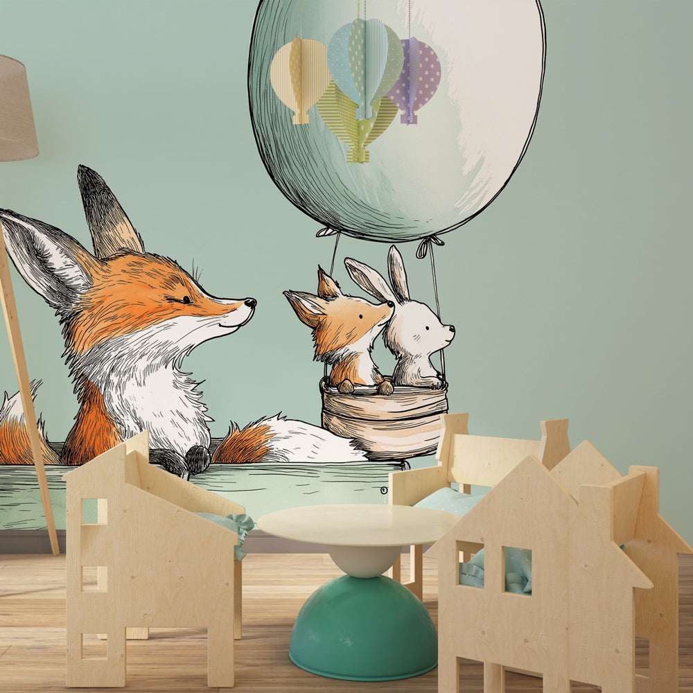Whimsical fox and rabbit hot air balloon wallpaper creating magical kids bedroom decor