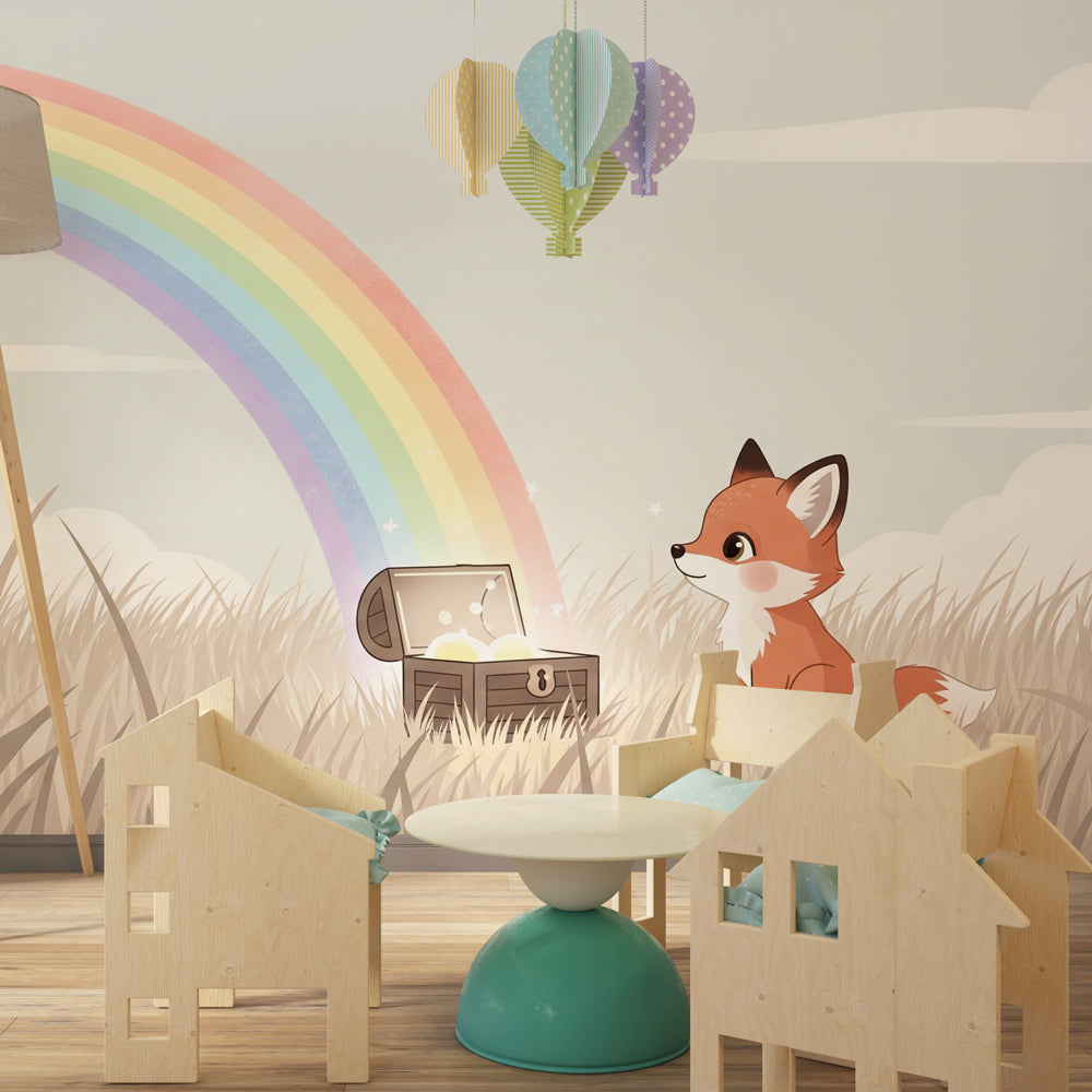 Curious fox and rainbow treasure wallpaper creating magical kids bedroom atmosphere