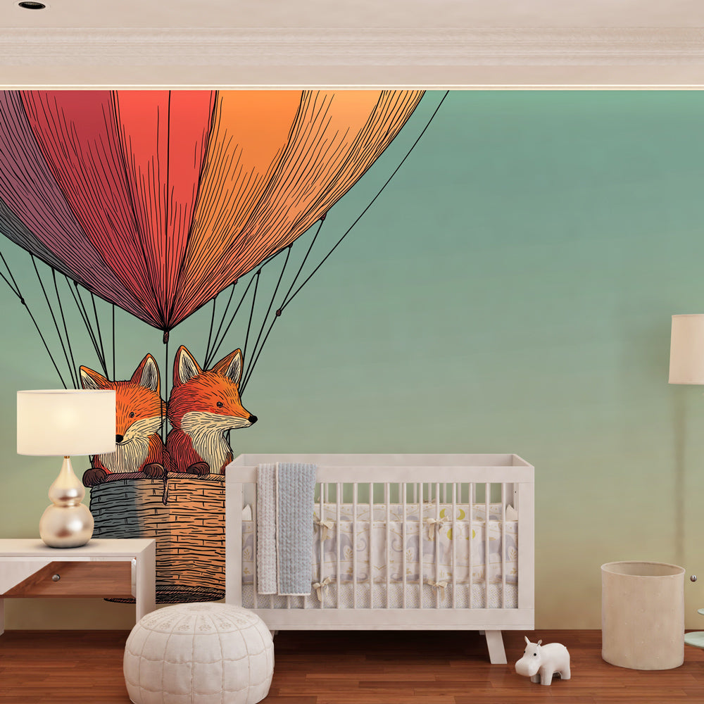 Hot air balloon fox wallpaper creating whimsical atmosphere in children's bedroom with natural lighting