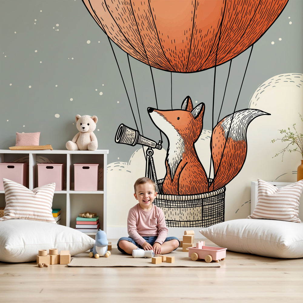 Fox hot air balloon mural wallpaper in modern nursery with wooden crib by Kids-Mundo