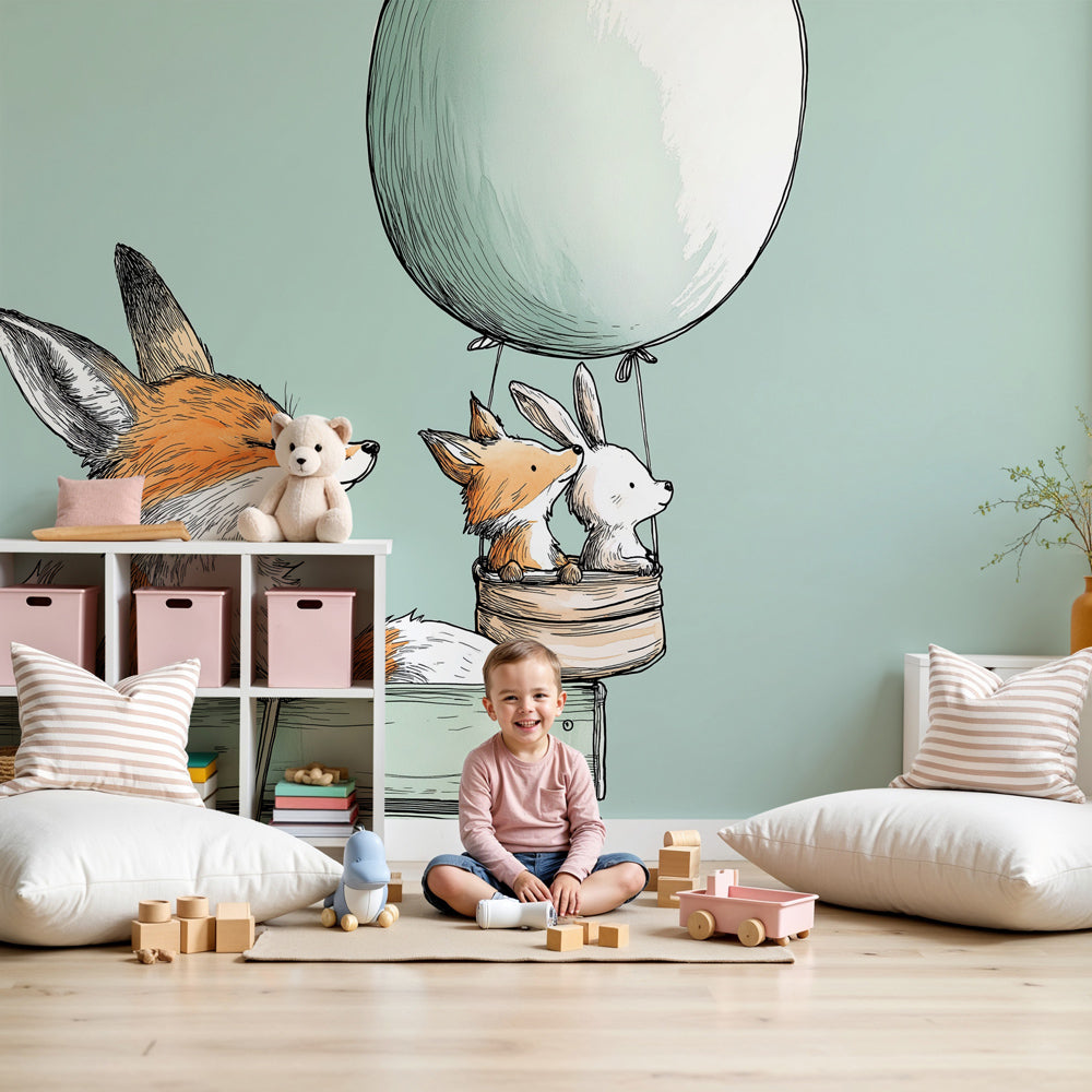 Fox adventure hot air balloon mural wallpaper in cozy nursery setting by Kids-Mundo