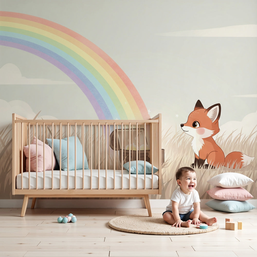 Fox adventure mural wallpaper in modern nursery with wooden crib by Kids-Mundo