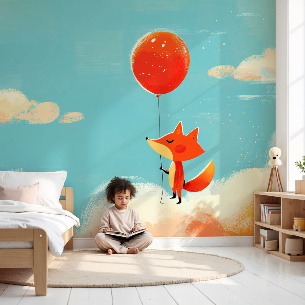 Fox balloon mural wallpaper in serene nursery setting with wooden crib by Kids-Mundo