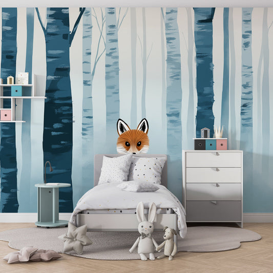 Kids-Mundo blue birch forest fox wall mural as a feature in a child's bedroom