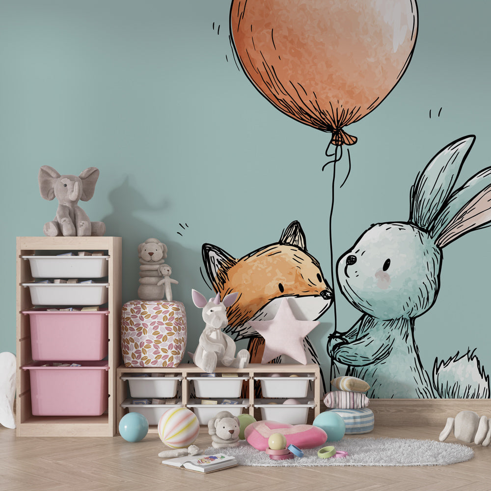 Gentle fox bunny balloon wallpaper transforming baby bedroom into magical woodland space