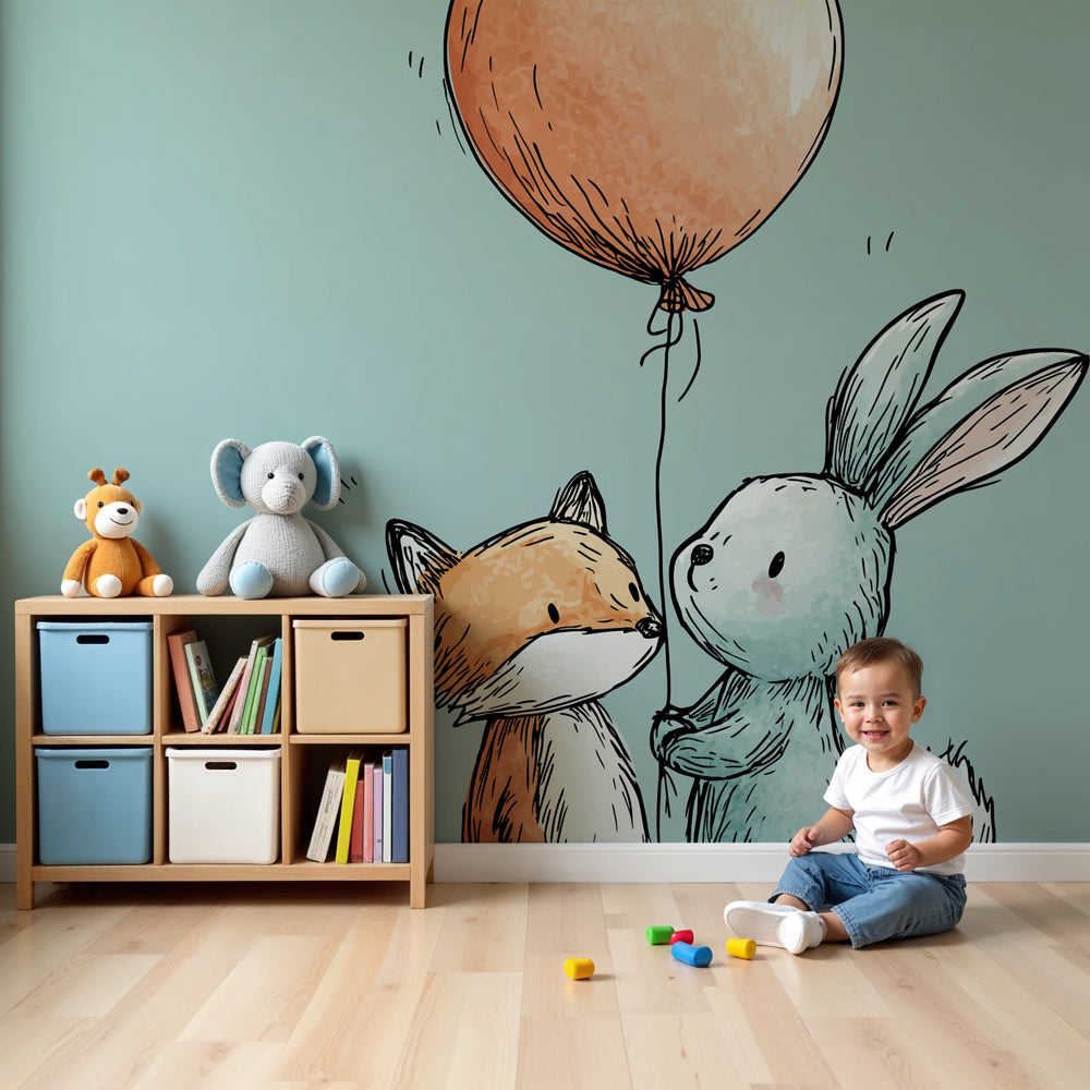 Fox and bunny mural wallpaper creating cozy nursery atmosphere with balloon theme by Kids-Mundo