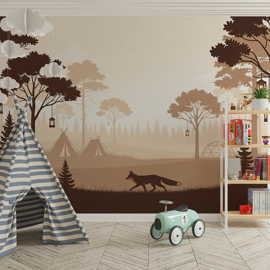 Kids-Mundo sepia fox wall mural with teepees covering a wall in a child's bedroom.