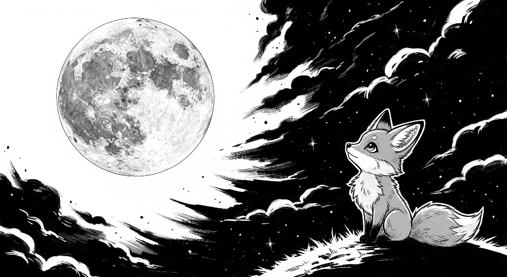 Kids-Mundo flat artwork of a fox cub sitting on a hill gazing up at a full moon