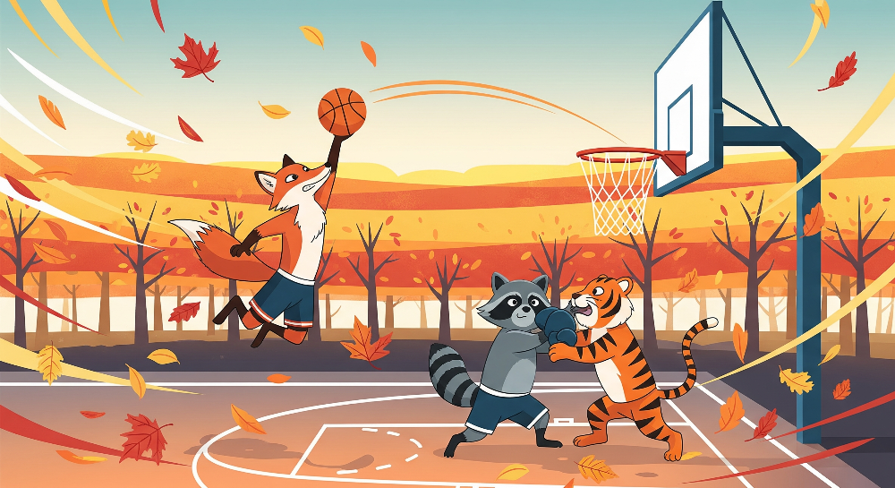 Kids-Mundo flat artwork of a fox slam dunking a basketball as a raccoon and tiger scramble beneath the hoop
