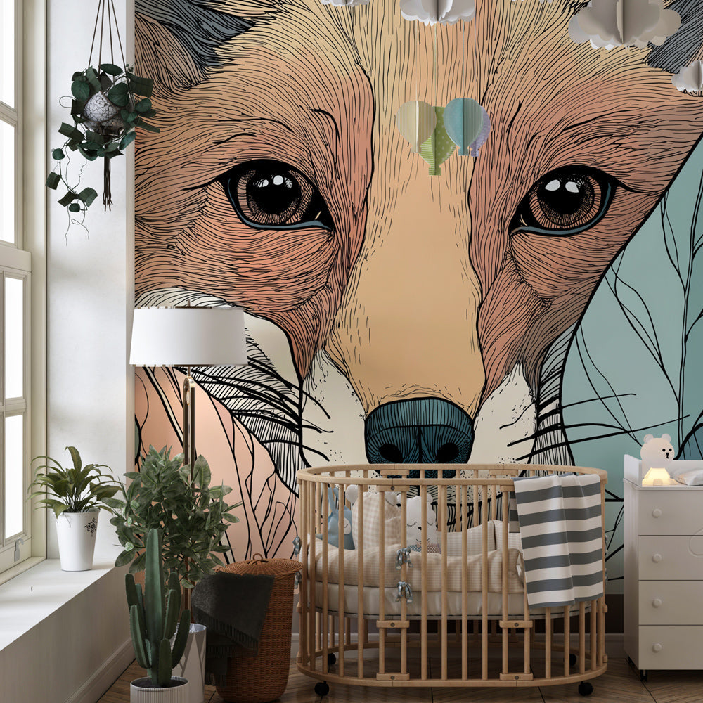 Woodland fox wallpaper in modern kids bedroom with natural wood furniture and soft lighting