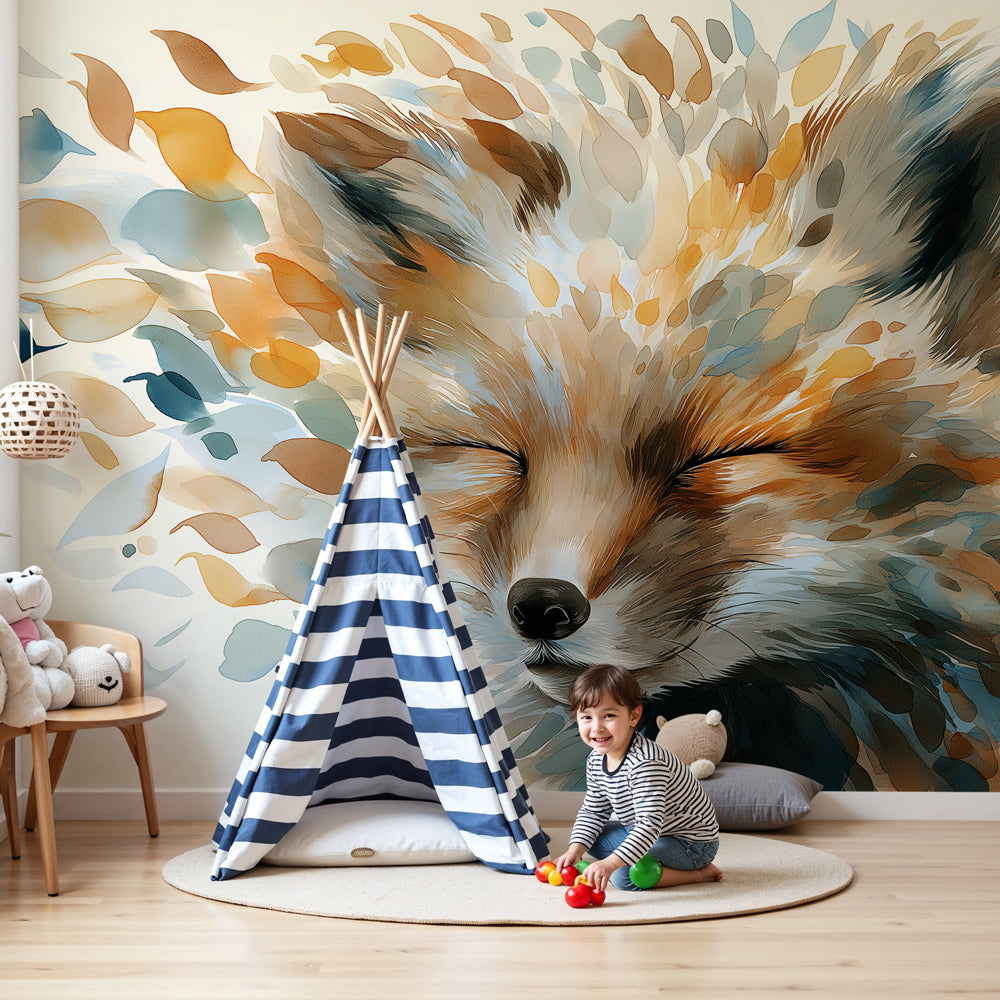 Fox face mural wallpaper with colorful foliage creating magical woodland nursery by Kids-Mundo