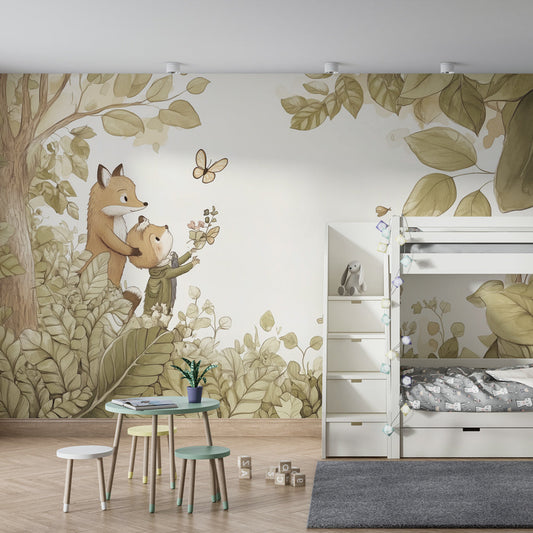 Kids-Mundo fox family forest wall mural on a gentle feature wall in a child's bedroom.