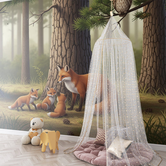 Kids-Mundo fox family and owl mural decorating a cosy child's bedroom wall