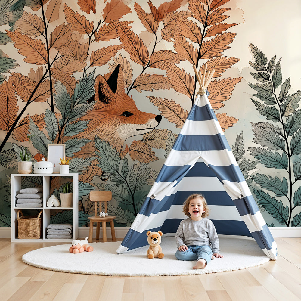 Fox forest mural wallpaper in modern nursery with natural wood furniture by Kids-Mundo
