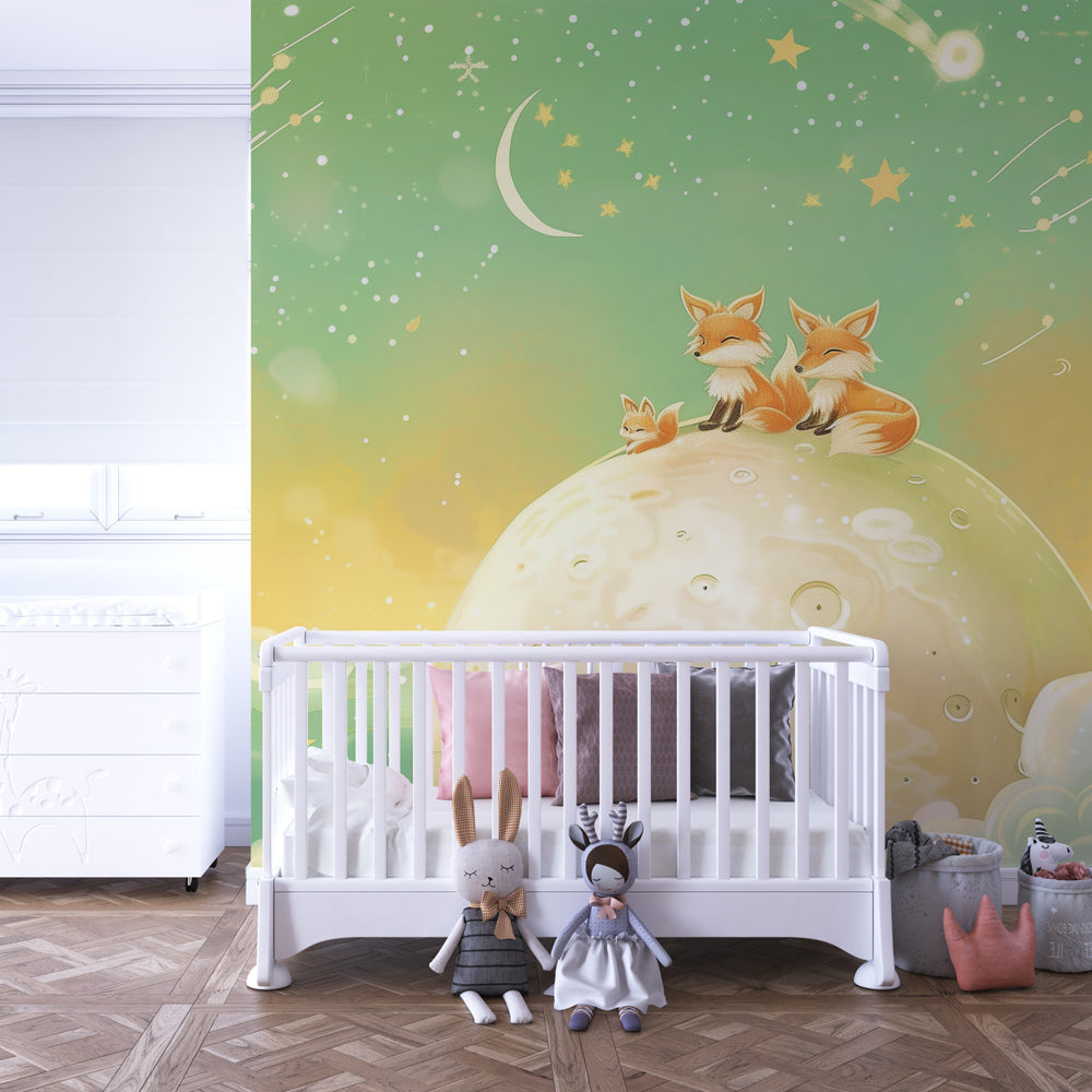 Celestial fox wallpaper transforming kids bedroom into dreamy space sanctuary by Kids-Mundo
