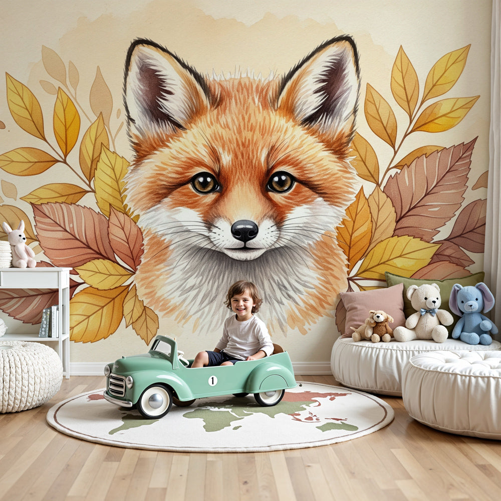 Artistic fox mural wallpaper with autumn leaves creating cozy woodland nursery decor by Kids-Mundo