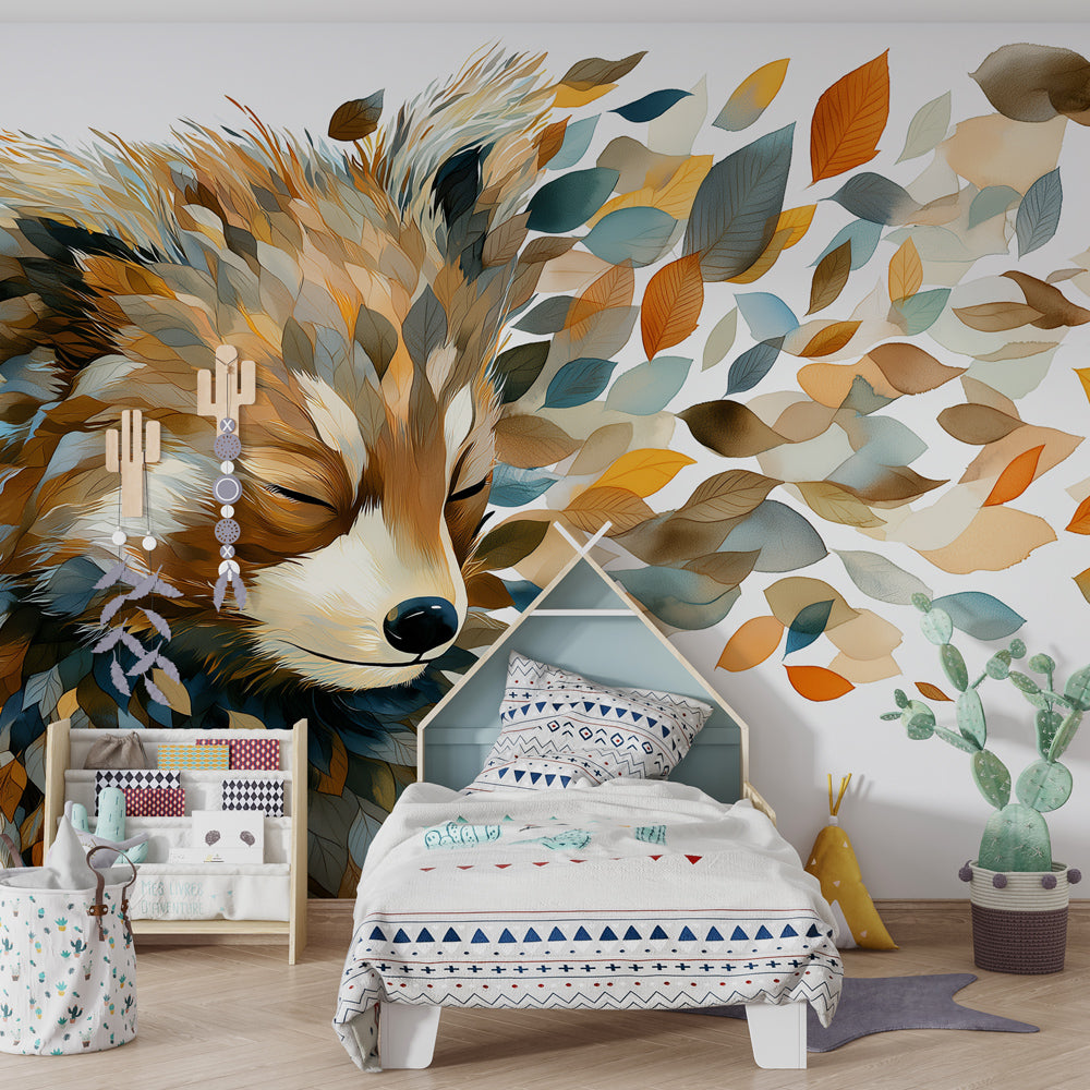 Peaceful fox wallpaper in modern kids bedroom with natural wood furniture and soft lighting