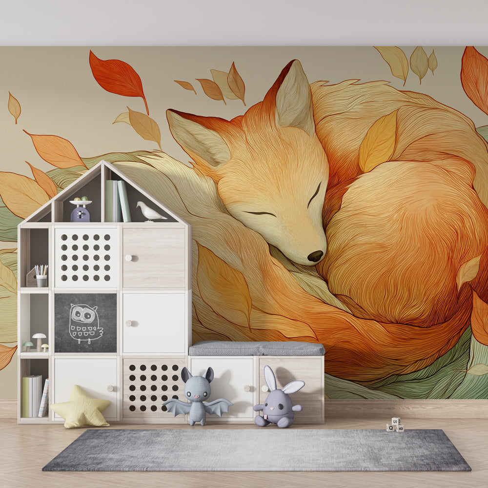 Fox and autumn foliage mural wallpaper creating warm atmosphere in kids bedroom