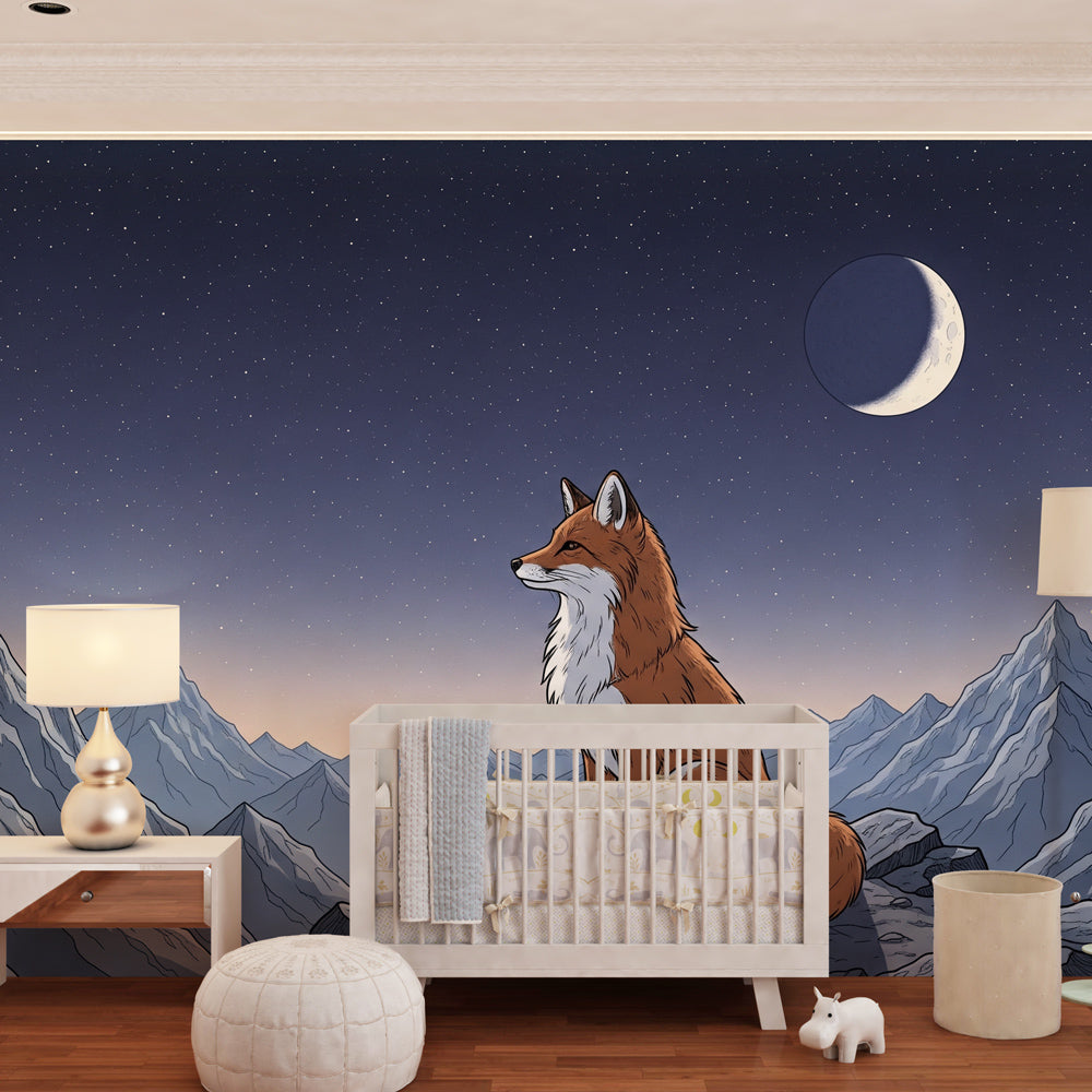 Majestic fox starry night wallpaper creating magical atmosphere in kids bedroom