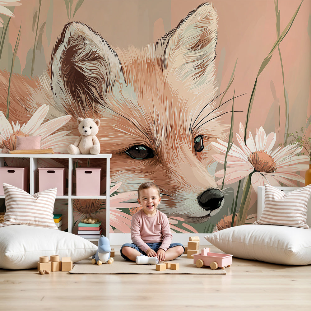 Fox and daisy mural wallpaper in modern nursery with natural wood crib by Kids-Mundo