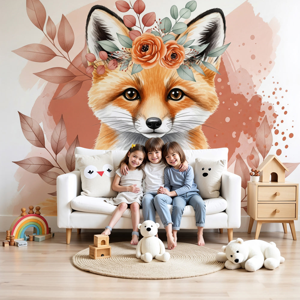 Elegant fox mural wallpaper with floral crown in modern nursery room by Kids-Mundo
