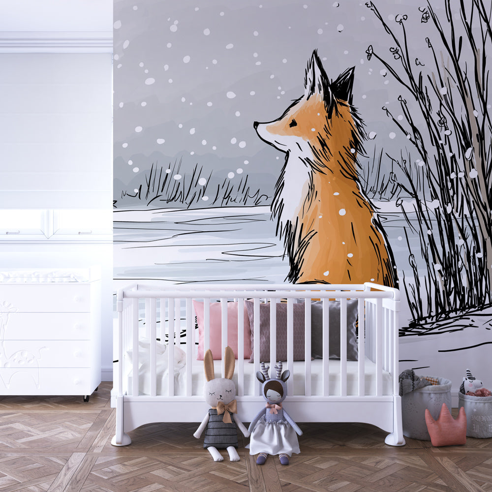 Fox snow scene mural wallpaper creating peaceful nursery atmosphere with soft lighting
