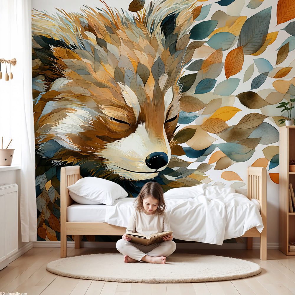Fox mural wallpaper with autumn leaves creating cozy woodland nursery atmosphere by Kids-Mundo