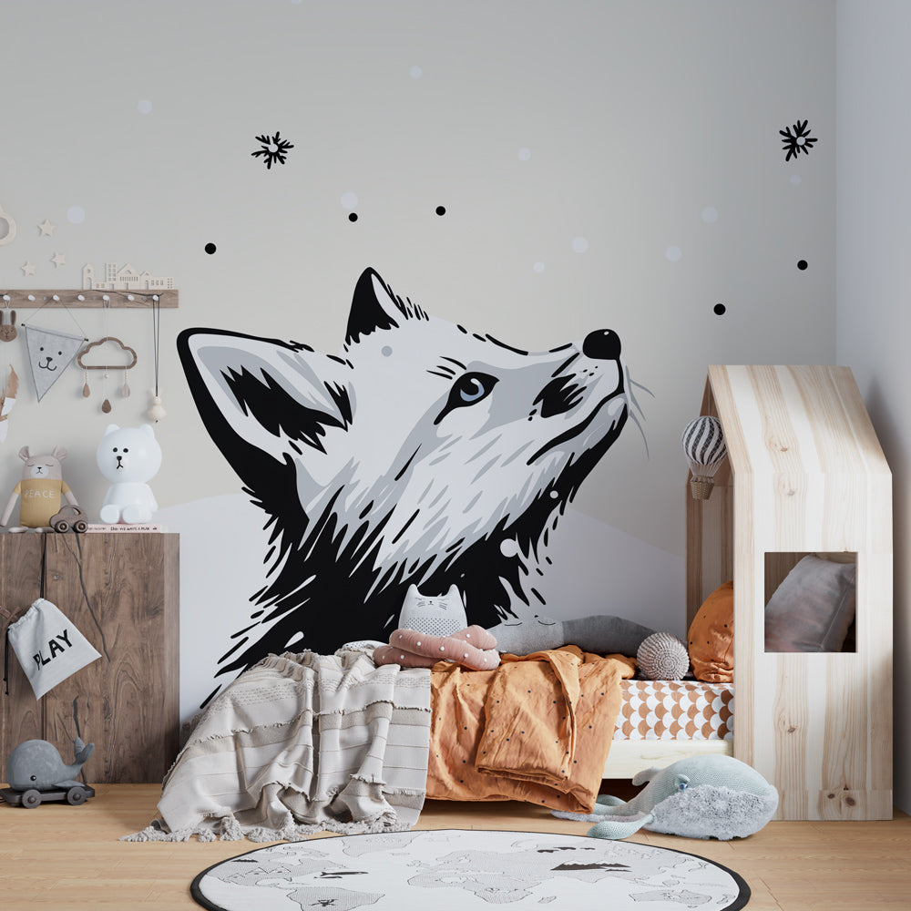 Winter fox wallpaper creating peaceful nursery atmosphere with snowflakes and beige tones