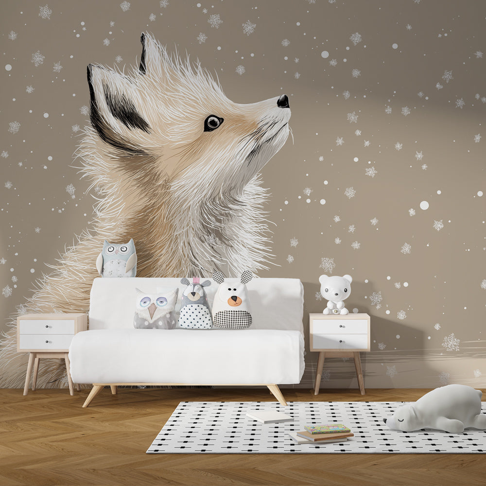 Snowy fox wallpaper transforming children's bedroom into winter wonderland decor