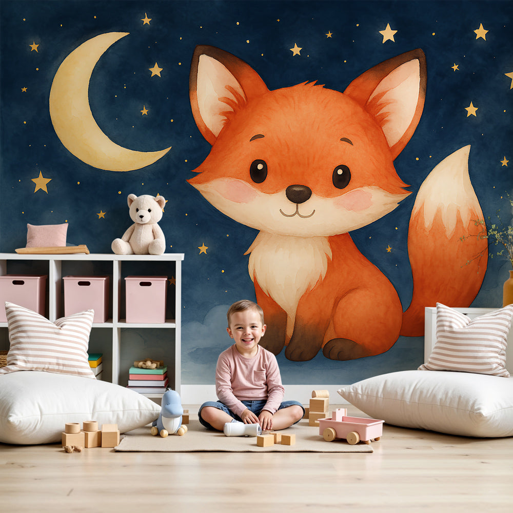 Fox starry night mural wallpaper in modern nursery with wooden crib by Kids-Mundo