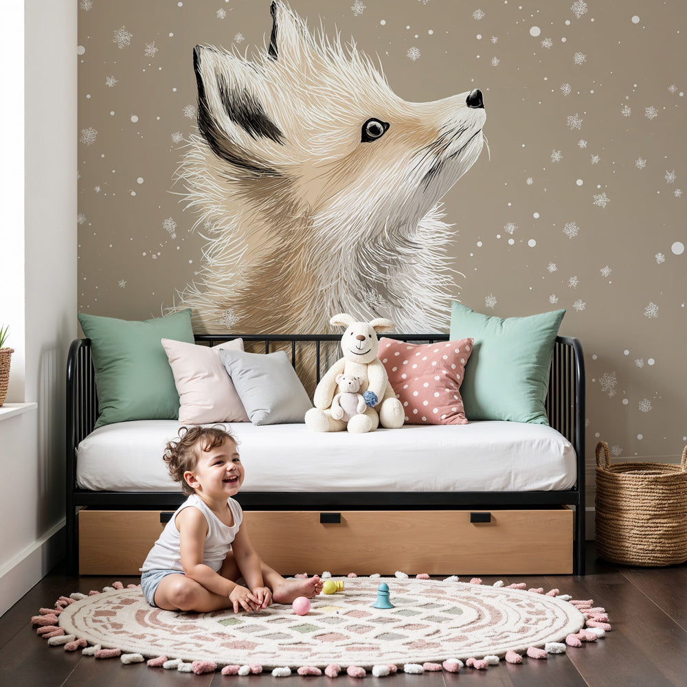 Fox winter mural wallpaper creating cozy atmosphere in modern nursery by Kids-Mundo