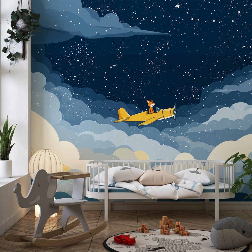 Starry clouds fox pilot wallpaper transforming children's bedroom into adventure space