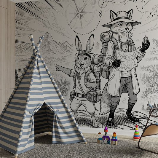 Kids-Mundo fox and rabbit adventure wall mural behind a single bed in a bright kids bedroom.