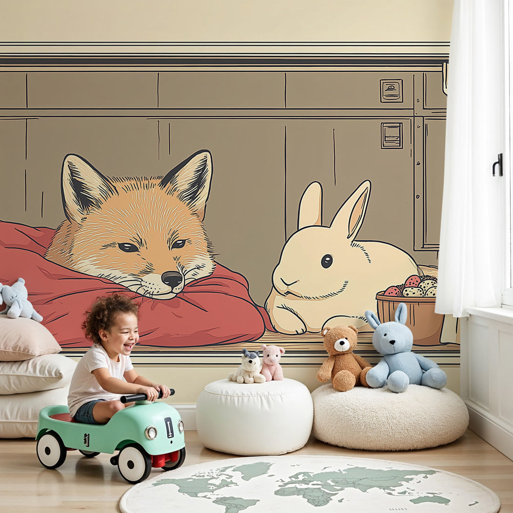 Fox and rabbit mural wallpaper creating cozy woodland nursery decor by Kids-Mundo