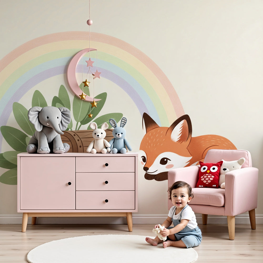 Fox rainbow mural wallpaper in modern baby nursery with wooden crib by Kids-Mundo
