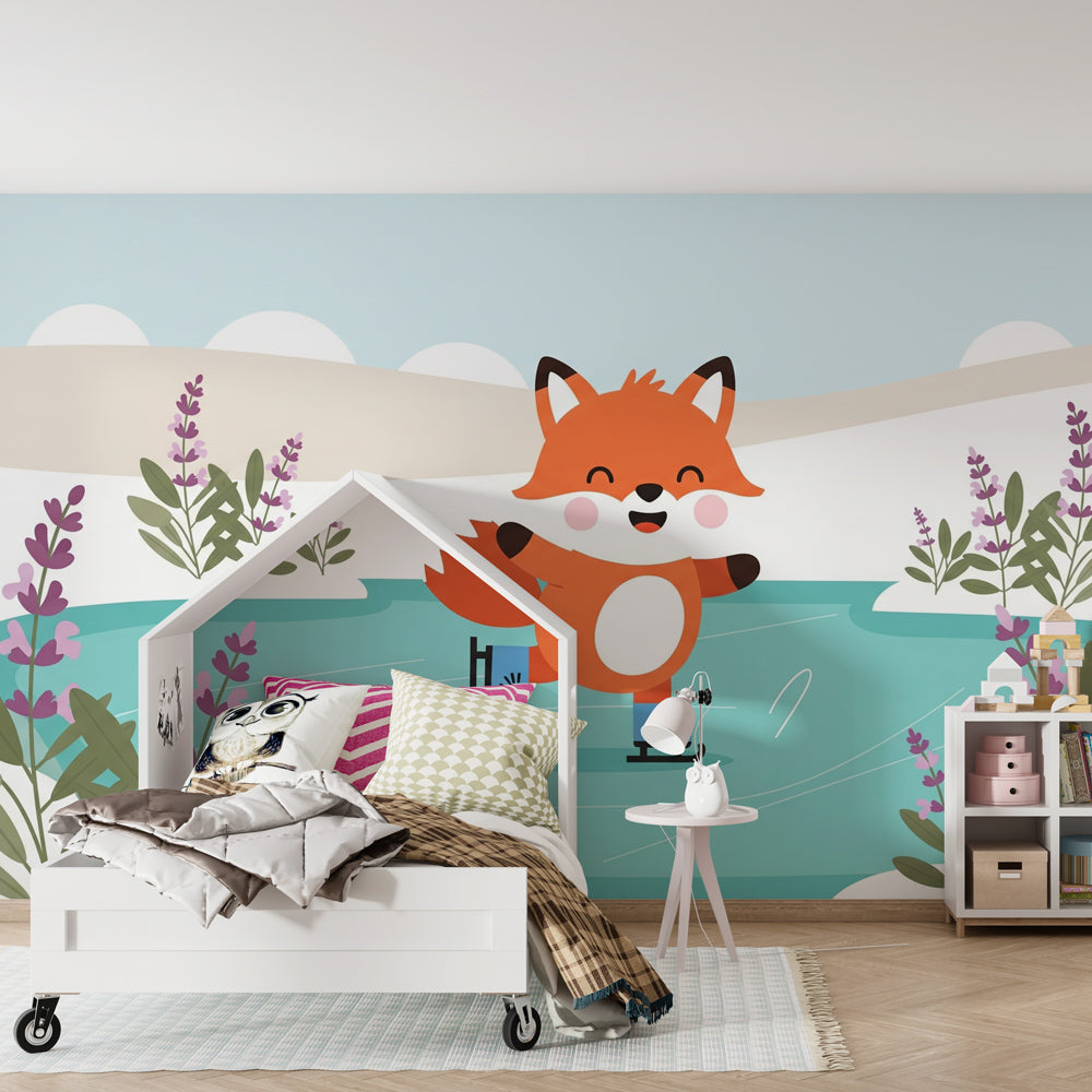Winter fox mural wallpaper creating magical children's bedroom decor with skating theme by Kids-Mundo