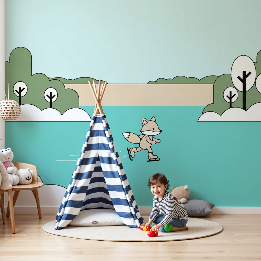 Fox skating mural wallpaper in cozy children's nursery with winter theme by Kids-Mundo