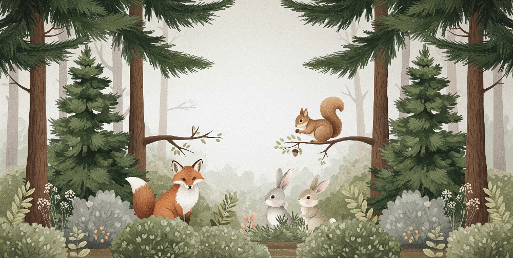 Kids-Mundo flat artwork of a fox, squirrel and two rabbits gathered among pine trees