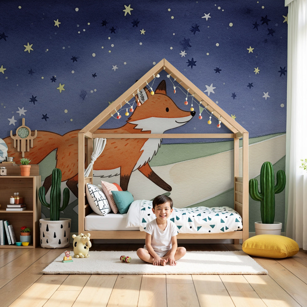 Fox stars mural wallpaper creating magical nighttime atmosphere in modern nursery by Kids-Mundo